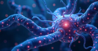 Sieć neuronowa przeplatająca się z biologicznymi strumieniami danych, symbolizująca odkrycia.