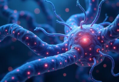 Sieć neuronowa przeplatająca się z biologicznymi strumieniami danych, symbolizująca odkrycia.