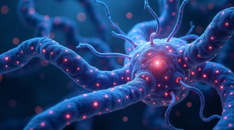 Sieć neuronowa przeplatająca się z biologicznymi strumieniami danych, symbolizująca odkrycia.