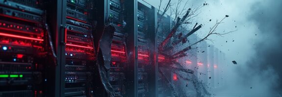 Uszkodzona serwerownia Yandexu i Sberbanku, symbolizująca cyfrową wojnę i zakłócenia technologiczne.