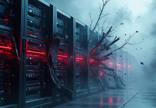 Uszkodzona serwerownia Yandexu i Sberbanku, symbolizująca cyfrową wojnę i zakłócenia technologiczne.
