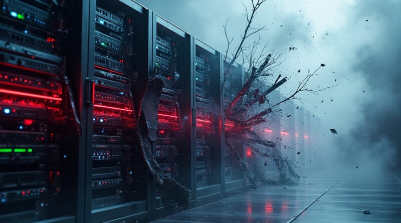 Uszkodzona serwerownia Yandexu i Sberbanku, symbolizująca cyfrową wojnę i zakłócenia technologiczne.