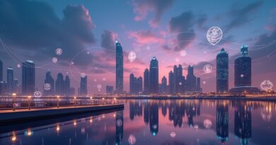 Futurystyczny Dubaj z ikonami agentów AI zamiast aplikacji, połączonych cyfrowymi strumieniami.