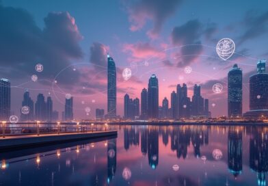 Futurystyczny Dubaj z ikonami agentów AI zamiast aplikacji, połączonych cyfrowymi strumieniami.