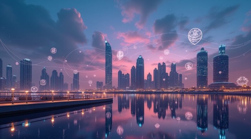 Futurystyczny Dubaj z ikonami agentów AI zamiast aplikacji, połączonych cyfrowymi strumieniami.