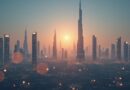 Futurystyczna panorama Dubaju z cyfrowymi danymi, symbolizująca agentową AI w administracji.