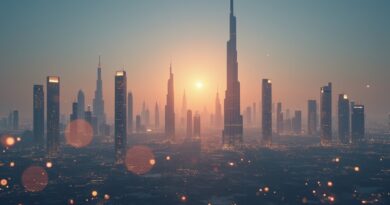Futurystyczna panorama Dubaju z cyfrowymi danymi, symbolizująca agentową AI w administracji.