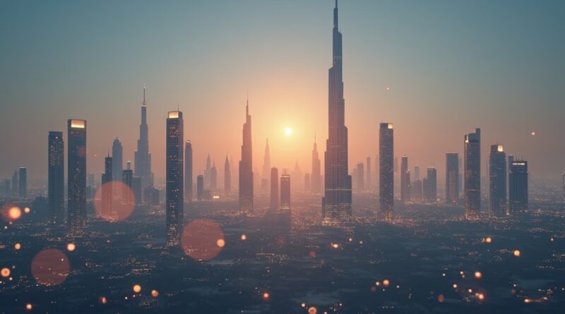 Futurystyczna panorama Dubaju z cyfrowymi danymi, symbolizująca agentową AI w administracji.