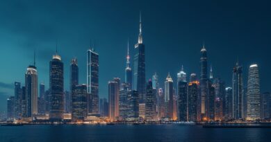 Minimalistyczny, futurystyczny Dubaj w odcieniach błękitu i złota, symbolizujący suwerenną inteligencję.