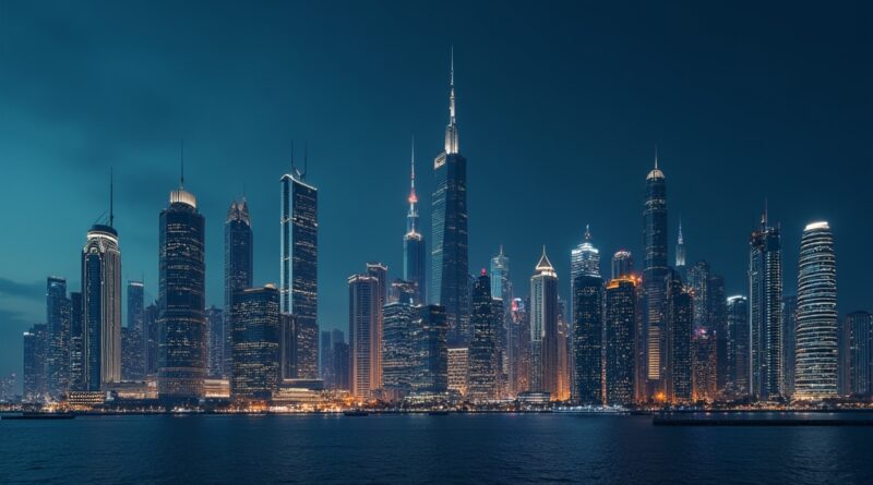 Minimalistyczny, futurystyczny Dubaj w odcieniach błękitu i złota, symbolizujący suwerenną inteligencję.