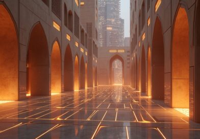 Emirati architektura z przyszłościową siecią neuronową, innowacja i bezpieczeństwo.