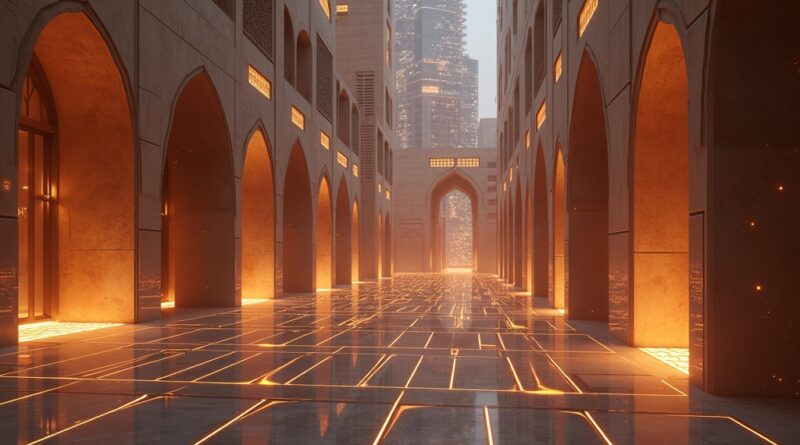 Emirati architektura z przyszłościową siecią neuronową, innowacja i bezpieczeństwo.