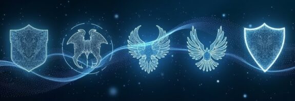 Cyfrowe strumienie łączące symbole państw Five Eyes, wizja zjednoczonej inteligencji.