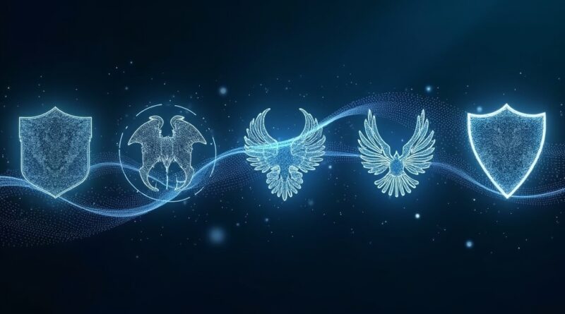 Cyfrowe strumienie łączące symbole państw Five Eyes, wizja zjednoczonej inteligencji.