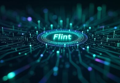 Abstrakcyjna wizualizacja lokalnego AI do kodowania z symbolem "Flint", w chłodnych barwach.