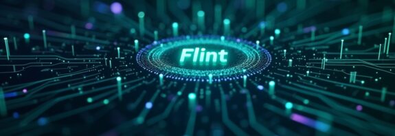 Abstrakcyjna wizualizacja lokalnego AI do kodowania z symbolem "Flint", w chłodnych barwach.