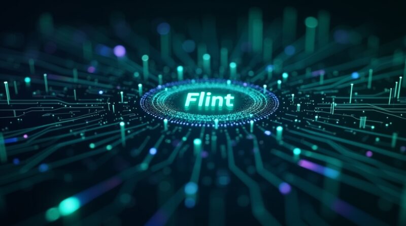 Abstrakcyjna wizualizacja lokalnego AI do kodowania z symbolem "Flint", w chłodnych barwach.