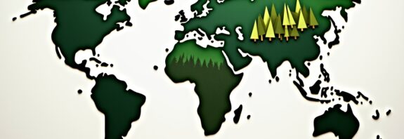 Papierowa kolażowa mapa świata z lasami, wyróżniająca typy lasów i plantacje.