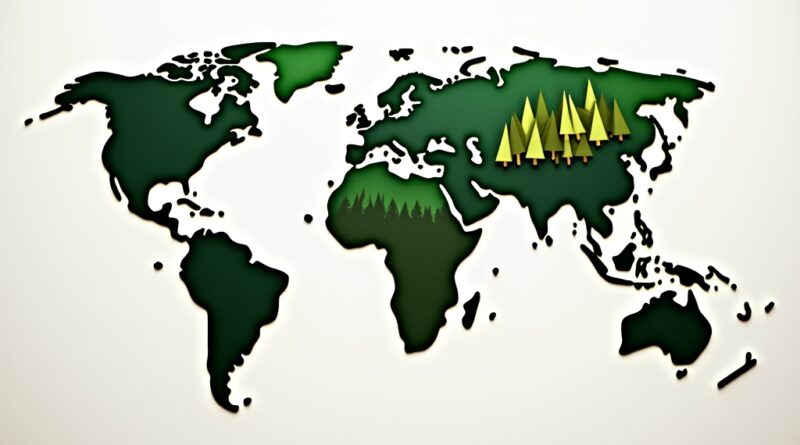 Papierowa kolażowa mapa świata z lasami, wyróżniająca typy lasów i plantacje.