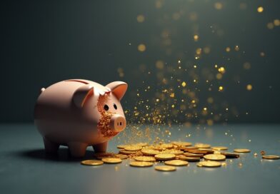 Rozbita skarbonka, złote monety zamieniające się w kod, finansowa zmiana.