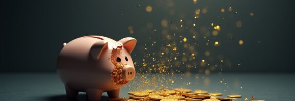 Rozbita skarbonka, złote monety zamieniające się w kod, finansowa zmiana.