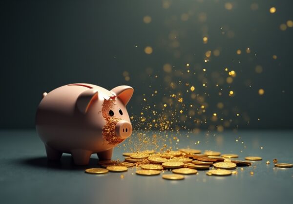 Rozbita skarbonka, złote monety zamieniające się w kod, finansowa zmiana.
