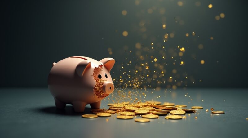 Rozbita skarbonka, złote monety zamieniające się w kod, finansowa zmiana.