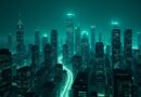 Abstrakcyjne, futurystyczne miasto nocą, stylizowane na cyfrową sieć neuronową, ilustrujące zagrożenia cybernetyczne.