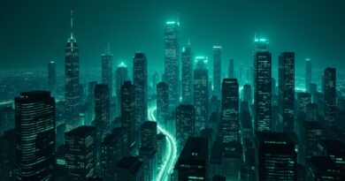 Abstrakcyjne, futurystyczne miasto nocą, stylizowane na cyfrową sieć neuronową, ilustrujące zagrożenia cybernetyczne.