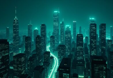 Abstrakcyjne, futurystyczne miasto nocą, stylizowane na cyfrową sieć neuronową, ilustrujące zagrożenia cybernetyczne.