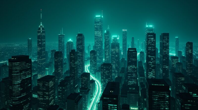 Abstrakcyjne, futurystyczne miasto nocą, stylizowane na cyfrową sieć neuronową, ilustrujące zagrożenia cybernetyczne.