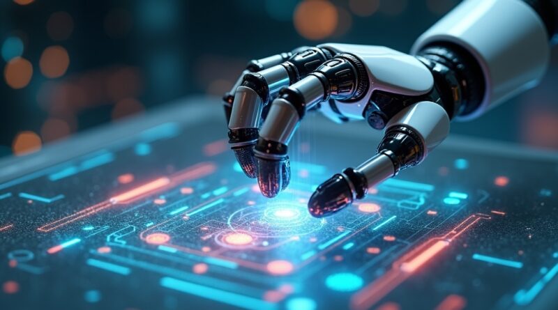 Ramię robota manipuluje hologramem w symulacji, demonstrując innowacyjne postępy w sterowaniu.