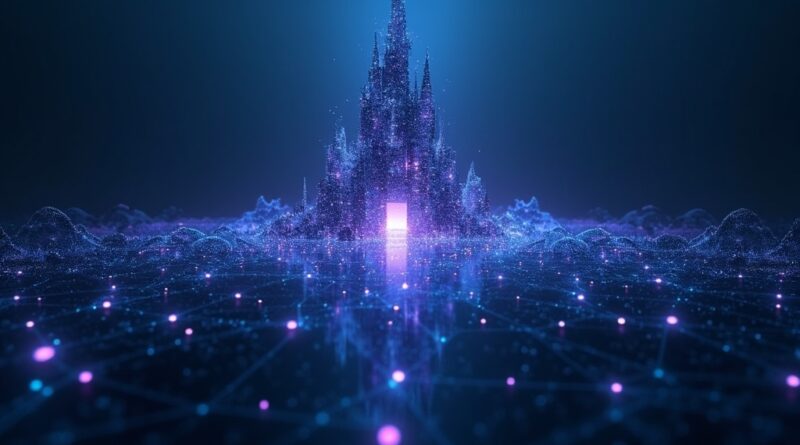 Ciemna scena z geometrycznymi kształtami symbolizującymi zaawansowaną analizę AI i cyberbezpieczeństwo.