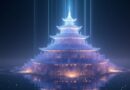 Krystaliczna pagoda energii w kosmicznej przestrzeni, symbol zaawansowanej technologii i przepływu danych.