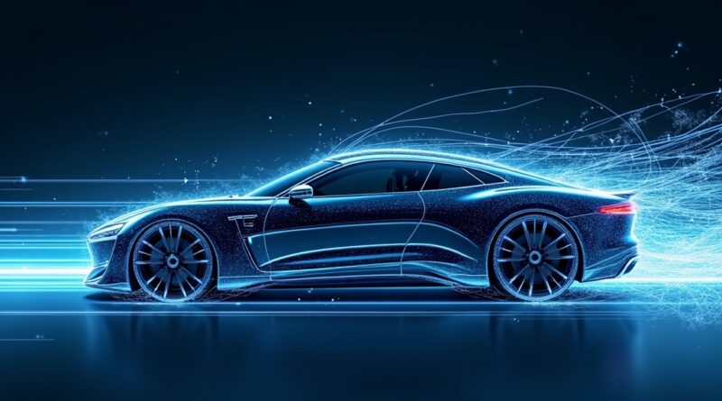 Futurystyczny samochód z płynnymi liniami danych i algorytmami AI, dominacja błękitu i srebra.