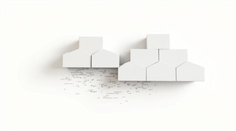 Geometryczne bloki tworzą chmurę nad rozpadającym się paskiem wyszukiwania.