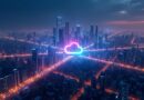 Cyfrowe miasto: infrastruktura Google Cloud zintegrowana z logo OpenAI, Gemini, Claude.