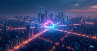 Cyfrowe miasto: infrastruktura Google Cloud zintegrowana z logo OpenAI, Gemini, Claude.