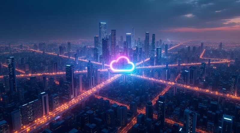 Cyfrowe miasto: infrastruktura Google Cloud zintegrowana z logo OpenAI, Gemini, Claude.