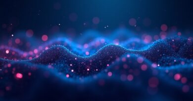 Abstrakcyjny strumień danych z cyfrowym znakiem wodnym SynthID, w odcieniach niebieskiego i fioletu.