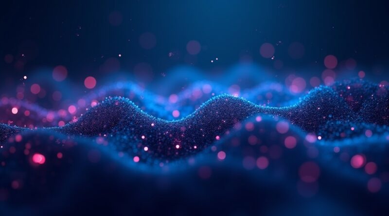 Abstrakcyjny strumień danych z cyfrowym znakiem wodnym SynthID, w odcieniach niebieskiego i fioletu.