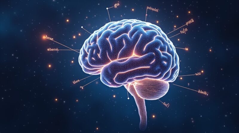 Inteligencja AI rozwiązuje zadania z fizyki w kosmicznej przestrzeni, symbolizując intelektualne osiągnięcie.