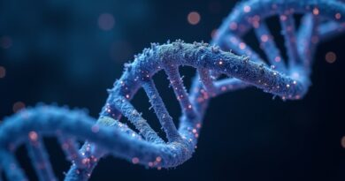 DNA i sieć neuronowa AI w kosmicznym tle, symbolizujące odkrycia naukowe i inteligencję.