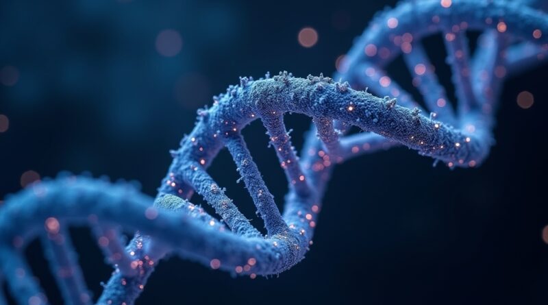 DNA i sieć neuronowa AI w kosmicznym tle, symbolizujące odkrycia naukowe i inteligencję.