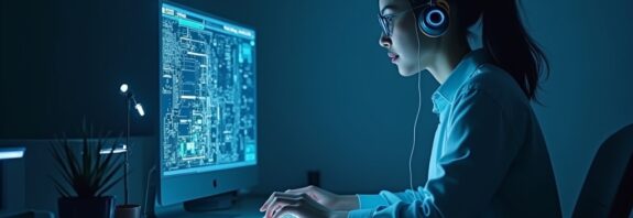 Futurystyczny asystent AI Hark, świecące obwody, porusza się po interfejsie, wykonując zadania.