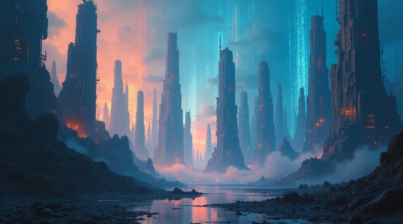 Abstrakcyjne struktury ze światła i kodu tworzące surrealistyczne, zaawansowane technologicznie miasto.