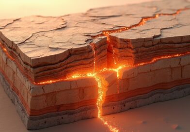 Stylizowany przekrój geologiczny Arabii Saudyjskiej z danymi AI.