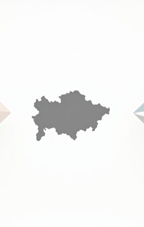 Stylizowany Kazachstan między geometrycznymi blokami technologicznymi symbolizującymi napięcie geopolityczne.