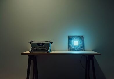 Minimalistyczne biurko z maszyną do pisania i świecącą płytką drukowaną, symbolizującą lokalne przetwarzanie danych.