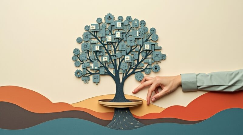 Ręcznie wycięta grafika symbolizująca równowagę między ludzką odpowiedzialnością a złożonością AI.